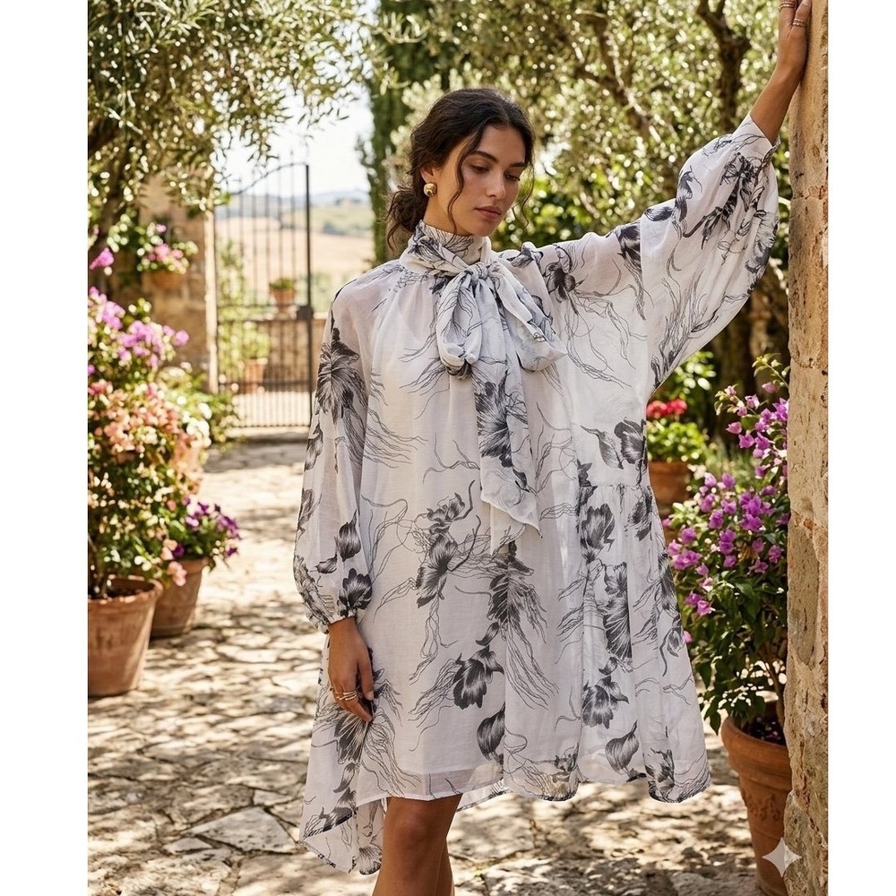 Beulah Style Floral Tie Neck Balloon Sleeve Trapeze Mini Dress White Black OS